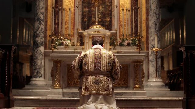 An image of the priest genuflecting before the altar as a sign of adoration and reverence for Christs presence in the Eucharist.