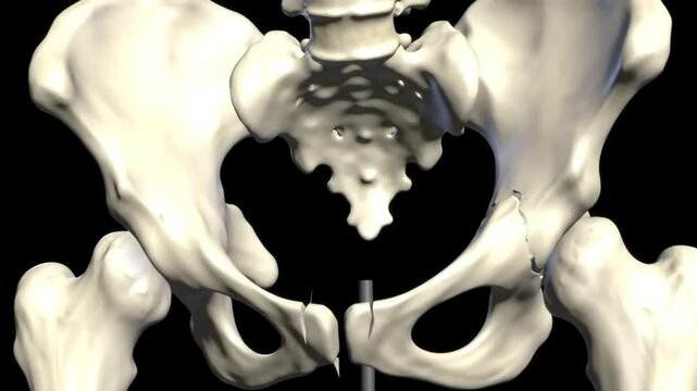Fractured Human Pelvis Anatomical Illustration Skeletal Structure Medical Visualization Bone Injury Study in Black Background