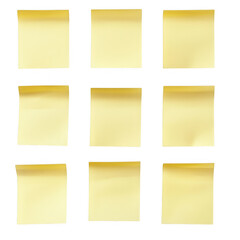 Nine yellow sticky notes isolated on transparent background