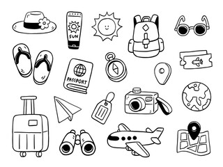 Vector illustration of travel Set Collection, travel concept, symbol and icon design, hand drawn doodle art style