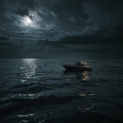 Lonely Fishing Boat at Night Under a Cloudy Moonlit Sky