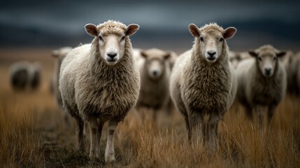 Naklejka premium A group of sheep stands in tall, golden grass as dark clouds loom overhead in the countryside during late afternoon