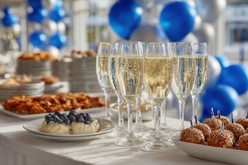Bubbles rise in champagne flutes while an array of pastries and appetizers are displayed at a vibrant celebration with blue and silver decor