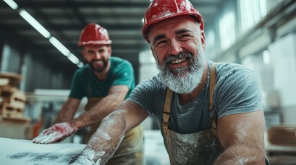 Two cheerful men in hard hats are working in a woodshop, radiating joy and camaraderie in a productive environment complemented by wood dust in the air.