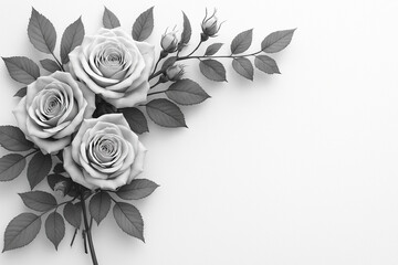 Detailed black, white rose illustration. Perfect as background for funeral condolences cards materials. Floral monochrome bouquet conveys sympathy, grief, mourning, bereavement themes. Elegant flower