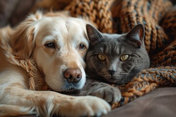 A golden retriever and a gray cat cuddling together on a warm blanket, symbolizing friendship and comfort in a cozy indoor setting of love and companionship.