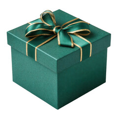 Emerald green gift box with gold ribbon isolated on transparent background