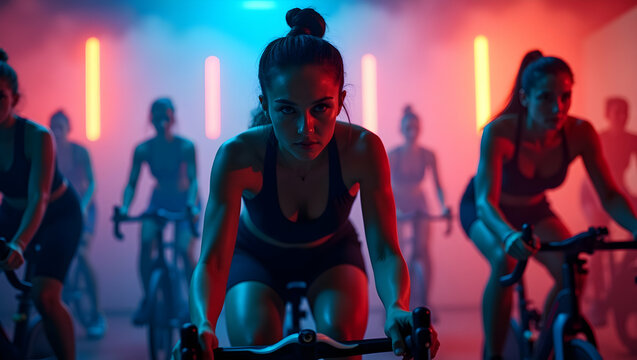 High-Energy Indoor Cycling Class, A Motion Blur Shot of Determination and Fitness in a Fast-Paced Environment