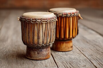 Bamboo drums on a wooden surface calming rhythms meditation beats concept. High quality