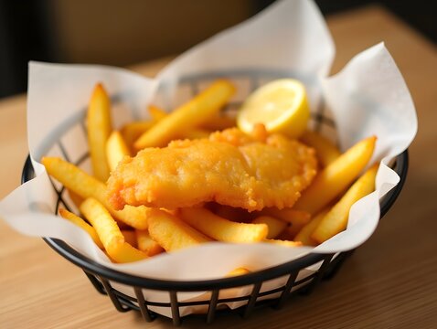 Fish and chips in a basket with a lemon wedge