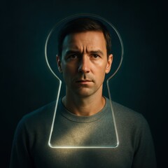 Fototapeta premium Secure Access Concept – Man Framed by Glowing Keyhole, Cybersecurity Symbolism, Photorealistic Portrait