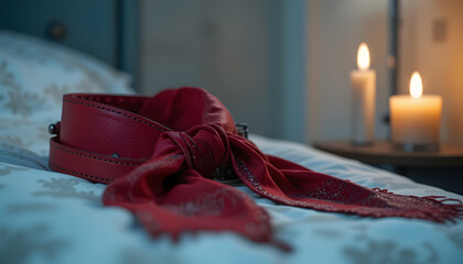 Crimson Intimacy: Soft focus unveils a passionate embrace, a crimson leather and delicate red silk, candles cast a warm glow on the cozy intimate scene.