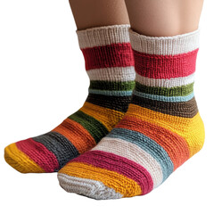 Colorful handknit sock featuring vibrant stripes on a neutral background, perfect for cozy lounging, Handknit Sock with Colorful Stripes, white background