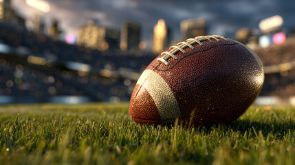 Close up of an american football on a green field with a stadium and city skyline in the background