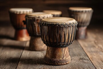 Bamboo drums on a wooden surface calming rhythms meditation beats concept. High quality