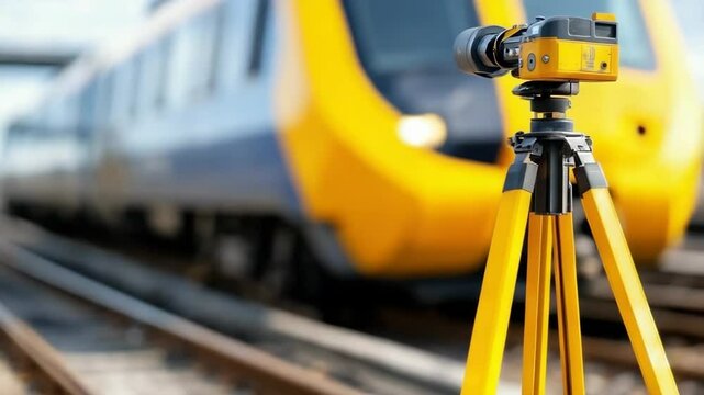 Precision Surveying Instrument on Tripod at Railway Station Captures Yellow and Blue Train, Showcasing Technology and Transportation Intersection