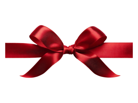 A shiny red satin ribbon tied in a bow against a dark white or transparent background in a centered composition