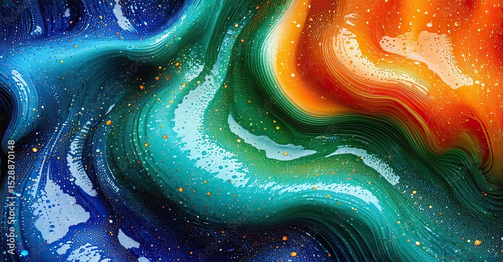 Poster abstract fluid art. swirling colors blend, creating dynamic patterns. blue, green, orange hues domin