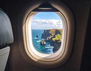 Fototapeta premium looking out of aircraft window over coastal cliffs on the east coast of Ireland 
