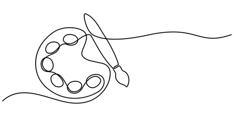 one line art palette and brush vector icon. single line, one continuous line, simple, hand drawn and sketch style. Continuous one line drawing of a art materials. for icons, symbols, signs or logos. 