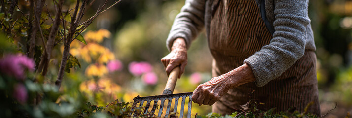 Close up of elderly person raking leaves in a garden with flowers and greenery in the background