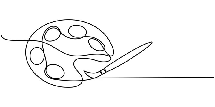 one line art palette and brush vector icon. single line, one continuous line, simple, hand drawn and sketch style. Continuous one line drawing of a art materials. for icons, symbols, signs or logos. 