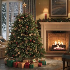 Decorated Christmas Tree with Wrapped Gifts Underneath in Cozy Holiday Setting