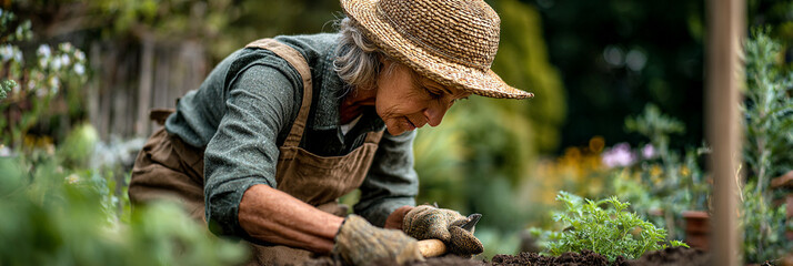 An elderly woman wearing a hat and gloves is gardening in a lush green garden on a sunny day outdoors