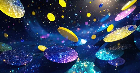 Obraz premium Vibrant cosmic scene. Floating discs sparkle, illuminated by blue, purple, yellow light. Stars, dust create dreamy atmosphere.