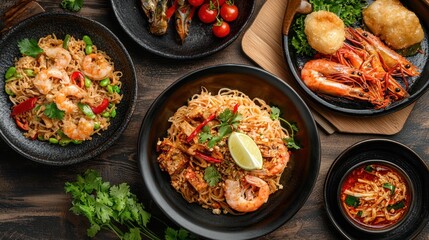 A table with various dishes of Asian cuisine, including noodles, shrimp, and vegetables.