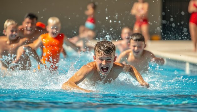 Group of boys racing and splashing in swimming pool