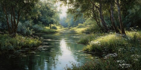 Obraz premium Tranquil river landscape with gentle rhythms and soft natural elements for relaxation. High quality