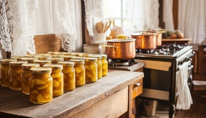 Preserving seasonal fruits in glass jars on rustic kitchen table