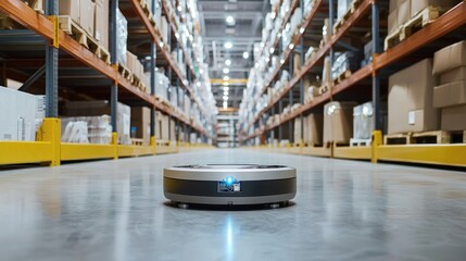 A robot vacuum cleaner cleaning a warehouse floor with a blue light on its front.