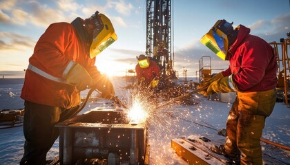 Welders working at an outdoor drilling rig during sunset