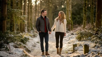 Couple walking hand-in-hand on a snowy path in a winter forest. - Powered by Adobe