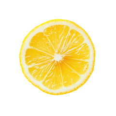 Slice of fresh lemon on a clean Transparent background showcasing its juicy texture and vibrant color, slice of lemon citrus fruit on PNG background