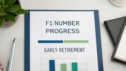 Financial independence early retirement concept. A document titled "F1 Number Progress Early Retirement" with a bar chart on a desk among office supplies.