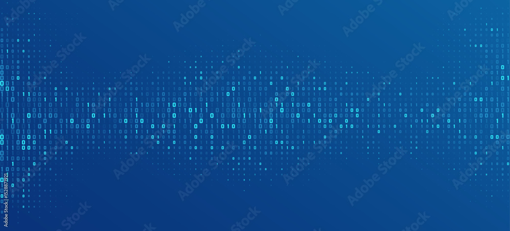 Poster futuristic binary code background with glowing blue digits 0 and 1, representing digital data, codin