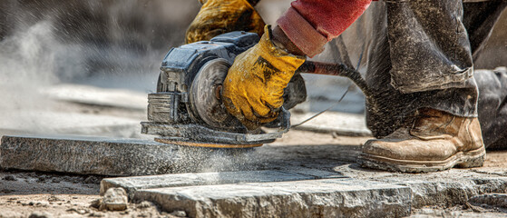 Close up of a construction worker using a power tool to cut stone with dust flying in the air outside