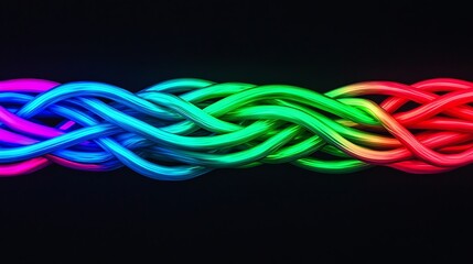 A vibrant, intertwined braid of glowing neon cables in a spectrum of colors on a black background.