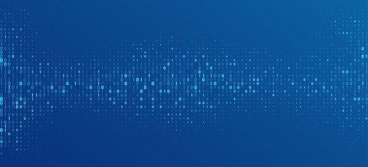 Futuristic binary code background with glowing blue digits 0 and 1, representing digital data, coding. Abstract tech backdrop for presentations, online webinar, and infographics. Vector illustration.