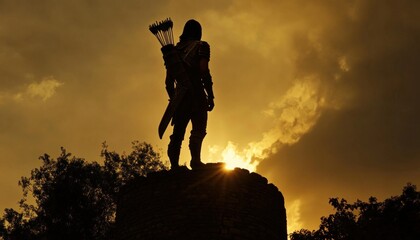Medieval archer silhouette standing on tower at sunset with bow and arrows