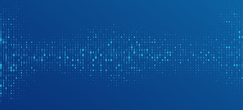 Futuristic binary code background with glowing blue digits 0 and 1, representing digital data, coding. Abstract tech backdrop for presentations, online webinar, and infographics. Vector illustration.