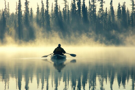 Kayaker paddling in the misty morning on a calm lake