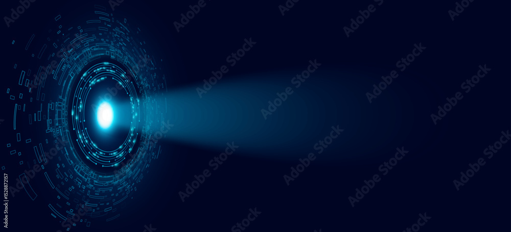 Poster digital radiant blue spotlight emerging from a circular futuristic hud interface. abstract cyber ele