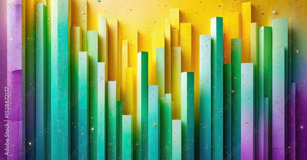 Poster Abstract vertical bars create vibrant cityscape illusion. Colors blend, forming dynamic visual experience. Gold sparkles add subtle texture.