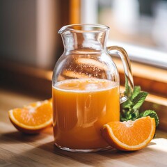 Fresh Orange Juice in a Glass Pitcher with Mint and Oranges on a Rustic Kitchen Table