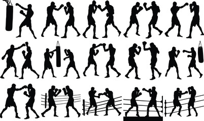 Boxing silhouettes collection training and fighting