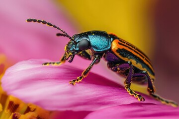 Naklejka premium Colorful Beetle on Pink Flower Petal in Macro Photography